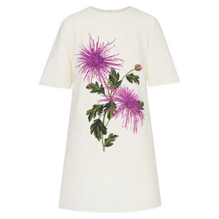 Chrysanthemum-Print Short-Sleeve Wool Mini Shift Dress