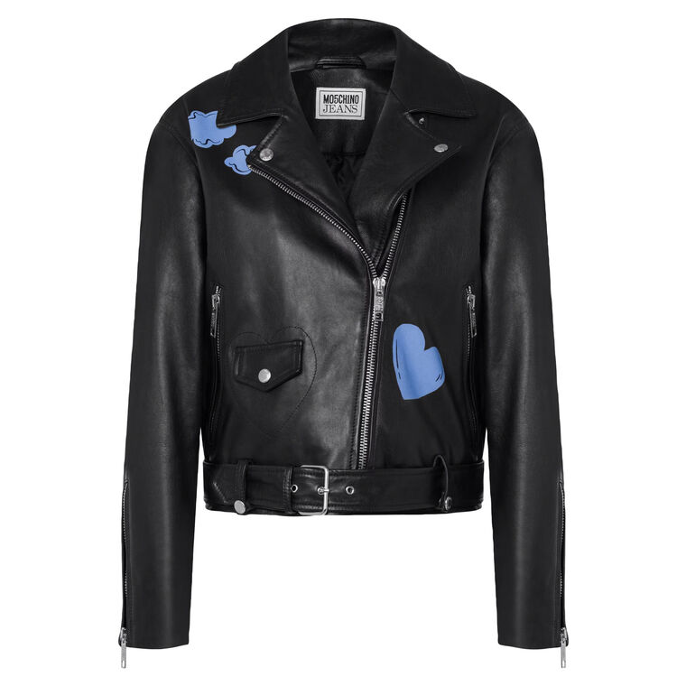 Nappa Leather Biker Jacket With Symbols Print image number null