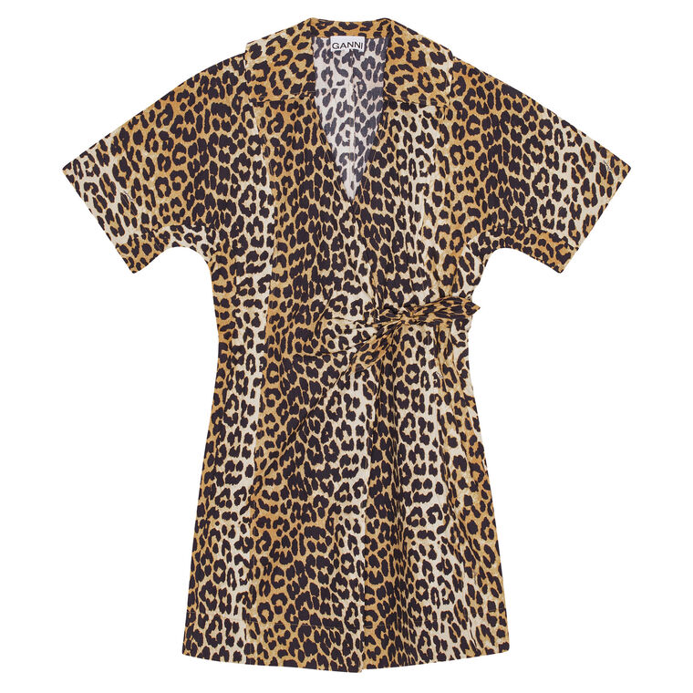 Leopard Printed Cotton Wrap Mini Dress image number null