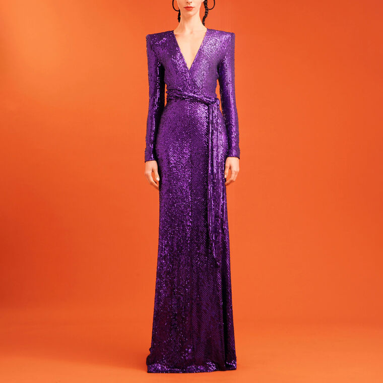 Stretch Sequin Long Sleeve V-Neck Gown image number null