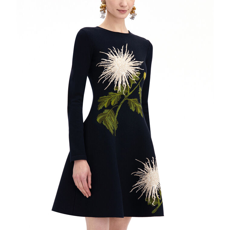 Chrysanthemum Jacquard Knit Long Sleeve Dress image number null